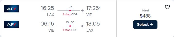 Cheap flights from Los Angeles or Ontario to Vienna, Austria for only $488 roundtrip with Air France. Flight deal ticket image.