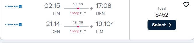 Click here to book this cheap flight deal. Cheap flights from Lima, Peru to Denver, Colorado for only $452 USD roundtrip with Copa Airlines. Flight deal ticket image.
