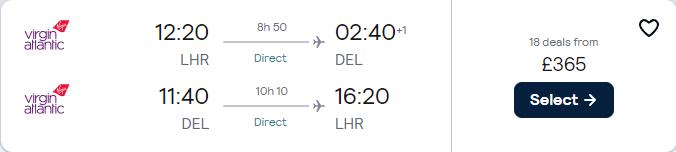 Summer flights from London, UK to Delhi or Mumbai, India from only £364 roundtrip with Virgin Atlantic. Flight deal ticket image.