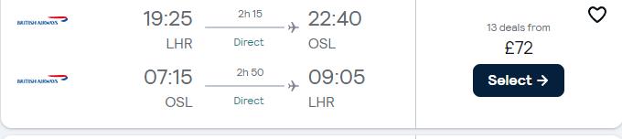 Non-stop flights from London, UK to Oslo, Norway for only £72 roundtrip with British Airways. Flight deal ticket image.