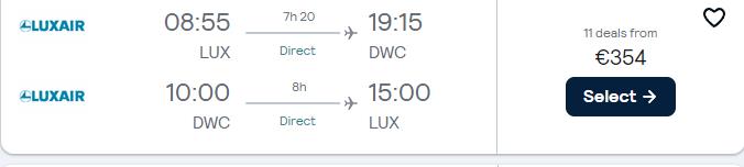 Non-stop flights from Luxembourg to Dubai, UAE for only €354 roundtrip. Flight deal ticket image.