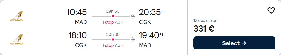 Cheap flights from European cities to Jakarta, Indonesia from only €331 roundtrip with Etihad Airways. Flight deal ticket image.