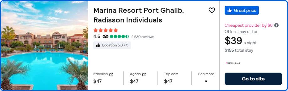 Click here to book this cheap flight deal. Stay at the 5* Marina Resort Port Ghalib, Radisson Individuals in Marsa Alam, Egypt for only $40 USD per night. Flight deal ticket image.