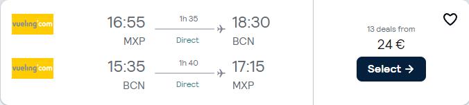 Non-stop flights from Milan, Italy to Barcelona, Spain for only €24 roundtrip. Flight deal ticket image.