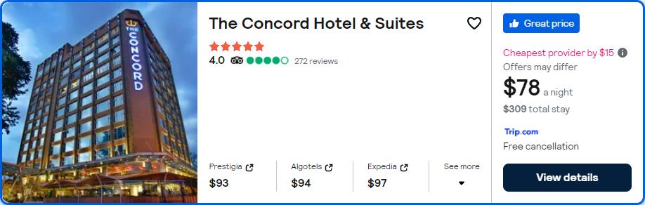 Click here to book this cheap flight deal. Stay at the 5* The Concord Hotel & Suites in Nairobi, Kenya for only $78 USD per night. Flight deal ticket image.