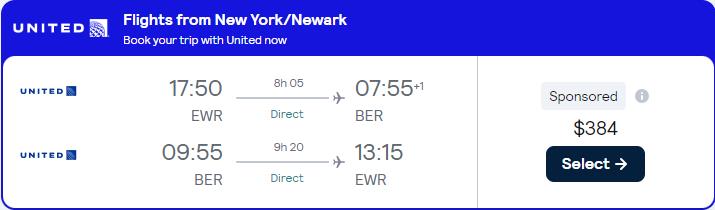 Non-stop flights from New York to Berlin, Germany for only $384 roundtrip with United Airlines. Flight deal ticket image.
