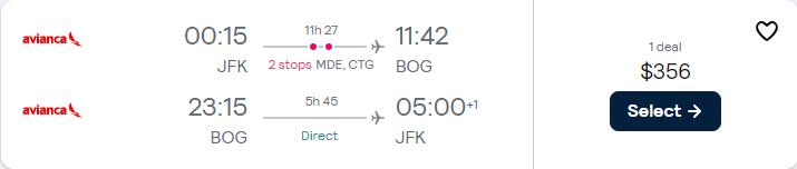 Christmas flights from New York or Cincinnati to Bogota, Colombia from only $356 roundtrip with Avianca. Flight deal ticket image.