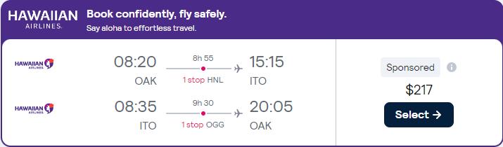 Click here to book this cheap flight deal. Cheap flights from Oakland, California to Hilo for only $217 roundtrip with Hawaiian Airlines. Also works in reverse. Flight deal ticket image.