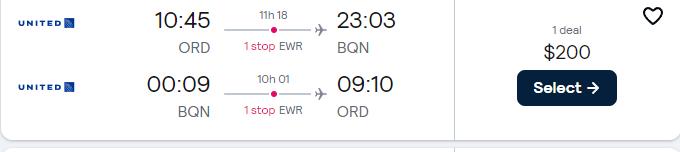 Click here to book this cheap flight deal. Cheap flights from Chicago to Aguadilla, Puerto Rico for only $200 roundtrip with United Airlines. Flight deal ticket image.