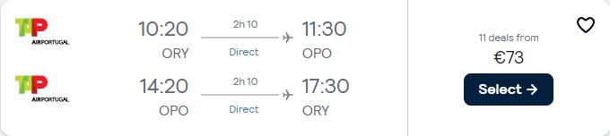 Non-stop flights from Paris, France to Porto, Portugal for only €73 roundtrip with TAP Air Portugal. Flight deal ticket image.