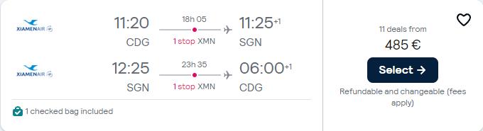 Cheap flights from Paris, France to Ho Chi Minh City or Hanoi, Vietnam from only €485 roundtrip with Xiamen Airlines. Flight deal ticket image.