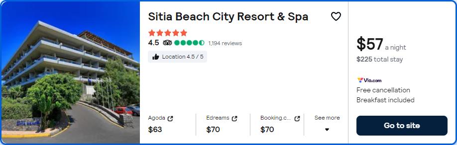 Click here to book this cheap flight deal. Stay at the 5* Sitia Beach City Resort & Spa in Petras, Greece for only $57 USD per night. Flight deal ticket image.