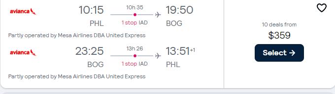 Cheap flights from Philadelphia to Bogota, Colombia for only $359 roundtrip with United Airlines and Avianca. Flight deal ticket image.