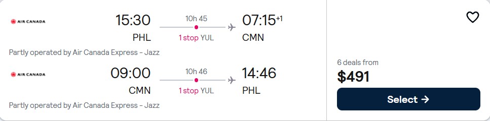 Cheap flights from Philadelphia to Casablanca, Morocco for only $491 roundtrip with Air Canada. Flight deal ticket image.