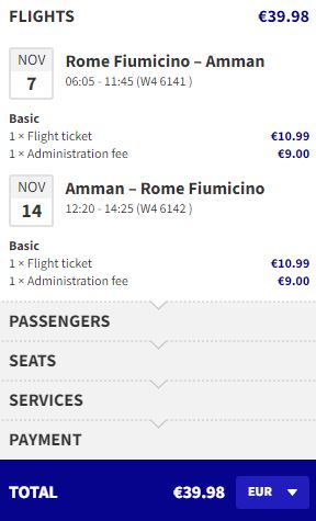 Non-stop flights from Rome, Italy to Amman, Jordan for only €39 roundtrip. Flight deal ticket image.