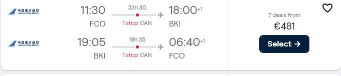 Cheap flights from Rome, Italy to Kota Kinabalu, Malaysia for only €481 roundtrip. Flight deal ticket image.