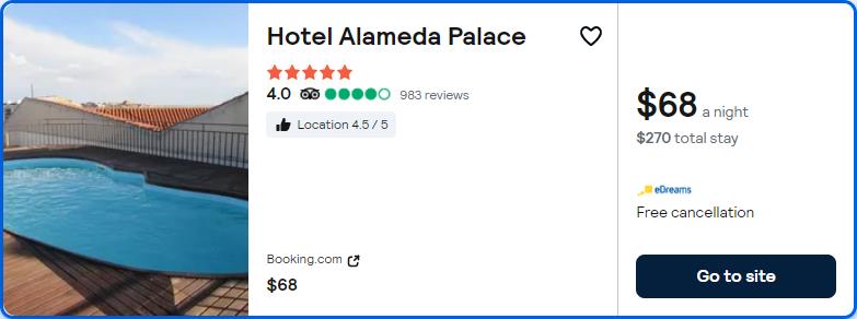 Click here to book this cheap flight deal. Stay at the 5* Hotel Alameda Palace in Salamanca, Spain for only $68 USD per night. Flight deal ticket image.