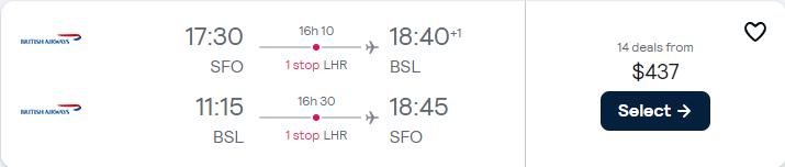 Cheap flights from San Francisco to Basel, Switzerland for only $437 roundtrip with British Airways. Flight deal ticket image.