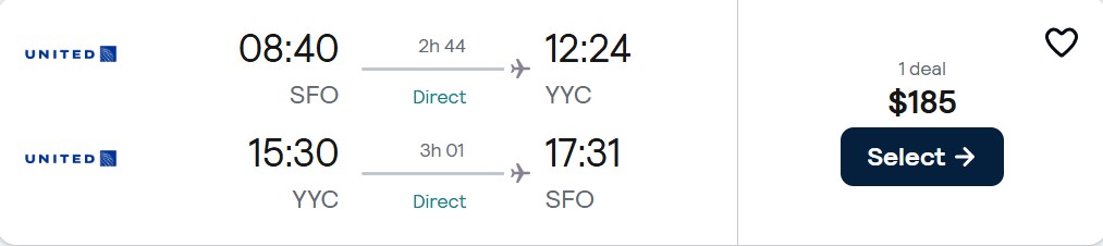 Non-stop flights from San Francisco to Calgary, Canada for only $185 roundtrip with United Airlines. Flight deal ticket image.