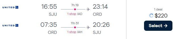 Cheap flights from San Juan, Puerto Rico to Chicago, USA for only $220 USD roundtrip with United Airlines. Flight deal ticket image.