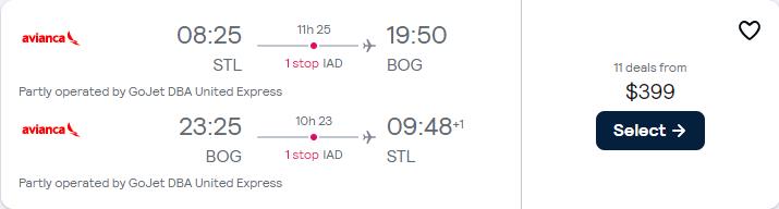 Cheap flights from St. Louis to Bogota, Colombia for only $399 roundtrip with Avianca. Flight deal ticket image.