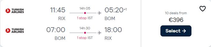 Cheap flights from Riga, Latvia or Tallinn, Estonia to Mumbai, India from only €396 roundtrip with Turkish Airlines. Flight deal ticket image.