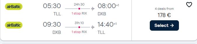 Cheap flights from the Baltics to Dubai, UAE from only €178 roundtrip. Flight deal ticket image.
