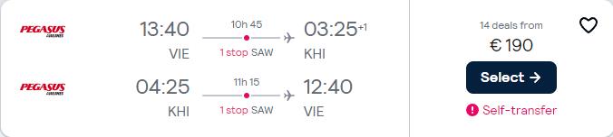 Cheap flights from Vienna, Austria to Karachi, Pakistan for only €175 roundtrip. Flight deal ticket image.