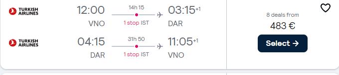 Cheap flights from Vilnius, Lithuania to Dar Es Salaam, Tanzania for only €485 roundtrip with Turkish Airlines. Flight deal ticket image.