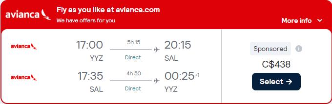 Non-stop flights from Toronto, Canada to San Salvador, El Salvador for only $438 CAD roundtrip with Avianca. Flight deal ticket image.