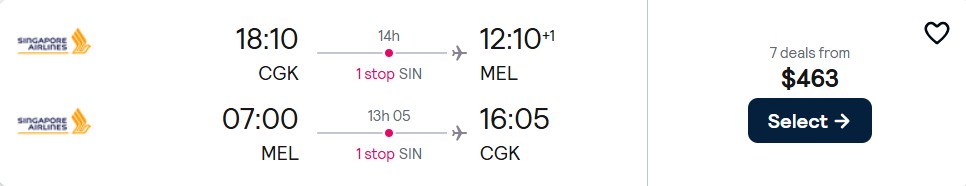 Cheap flights from Jakarta, Indonesia to Melbourne, Australia for only $463 USD roundtrip with Singapore Airlines. Flight deal ticket image.