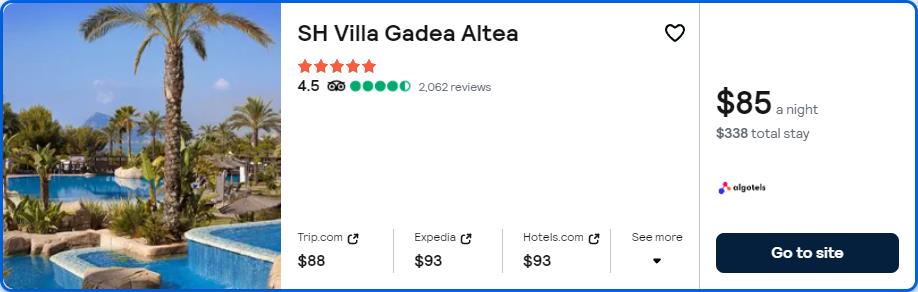 Click here to book this cheap flight deal. Stay at the 5* SH Villa Gadea Altea in Altea, Spain for only $86 USD per night. Flight deal ticket image.