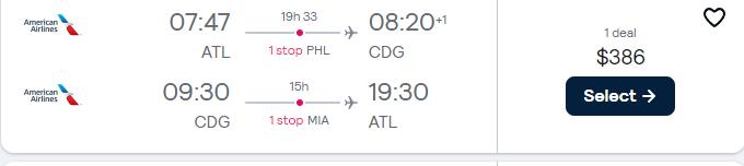 Cheap flights from US cities to Paris, France for only $386 roundtrip with American Airlines. Flight deal ticket image.