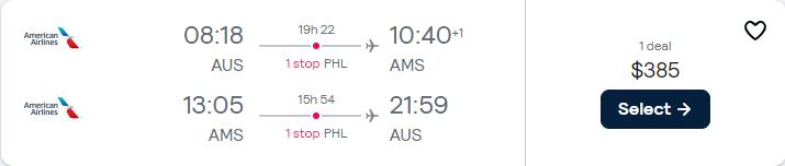 Cheap flights from Austin, Texas to Amsterdam, Netherlands for only $385 roundtrip with American Airlines. Flight deal ticket image.