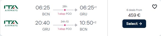 Cheap flights from Barcelona, Spain to Sao Paulo, Brazil for only €459 roundtrip. Flight deal ticket image.