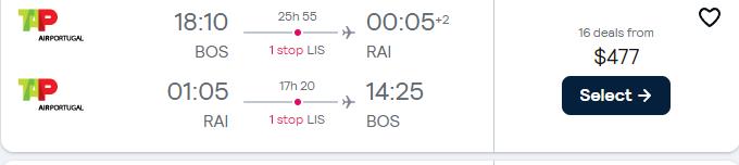 Click here to book this cheap flight deal. Cheap flights from Boston to Praia, Cape Verde for only $477 roundtrip with TAP Air Portugal. Flight deal ticket image.
