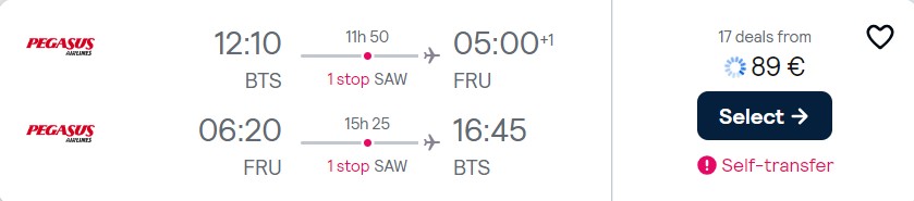 Cheap flights from Bratislava, Slovakia to Bishkek, Kyrgyzstan for only €89 roundtrip. Flight deal ticket image.