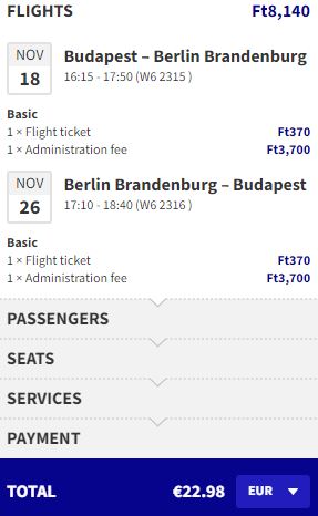 Non-stop flights from Budapest, Hungary to Berlin, Germany for only €22 roundtrip. Flight deal ticket image.