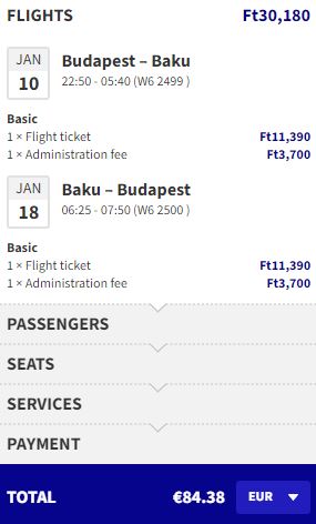 Flights from Budapest, Hungary to Baku, Azerbaijan for only €84 roundtrip. Flight deal ticket image.