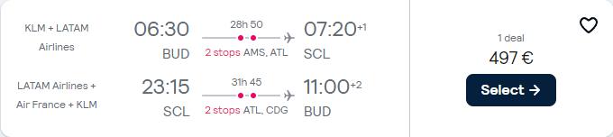Cheap flights from Budapest, Hungary to Santiago, Chile for only €497 roundtrip with KLM, Delta Air Lines and Air France. Flight deal ticket image.