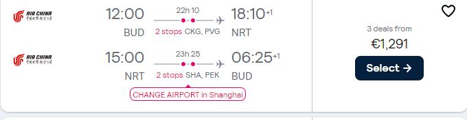 Business Class flights from Budapest, Hungary to Tokyo, Japan for only €1291 roundtrip. Flight deal ticket image.