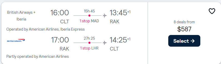Cheap flights from Charlotte, North Carolina to Marrakesh or Casablanca, Morocco from only $587 roundtrip with American Airlines and Iberia. Flight deal ticket image.