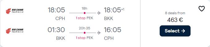 Cheap flights from Copenhagen, Denmark to Bangkok, Thailand for only €463 roundtrip. Flight deal ticket image.