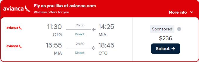 Click here to book this cheap flight deal. Non-stop flights from Cartagena, Colombia to Miami, USA for only $236 USD roundtrip with Avianca. Flight deal ticket image.