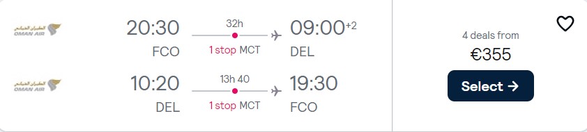Cheap flights from Rome, Italy to Delhi or Mumbai, India from only €355 roundtrip. Flight deal ticket image.