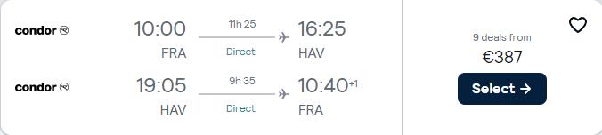 Non-stop flights from Frankfurt, Germany to Havana, Cuba for only €369 roundtrip. Flight deal ticket image.