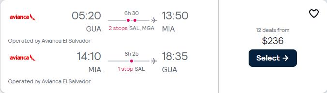 Cheap flights from Guatemala City, Guatemala to Miami, USA for only $236 USD roundtrip with Avianca. Flight deal ticket image.