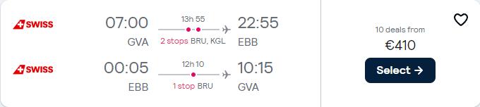Click here to book this cheap flight deal. Cheap flights from Geneva, Switzerland to Entebbe, Uganda for only €410 roundtrip with Swiss International Air Lines and Brussels Airlines. Flight deal ticket image.