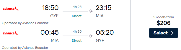 Click here to book this cheap flight deal. Non-stop flights from Guayaquil, Ecuador to Miami, USA for only $206 USD roundtrip with Avianca. Flight deal ticket image.