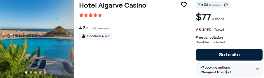 Click here to book this cheap flight deal. Stay at the 5* Hotel Algarve Casino in Portimao, Portugal for only $77 USD per night. Flight deal ticket image.